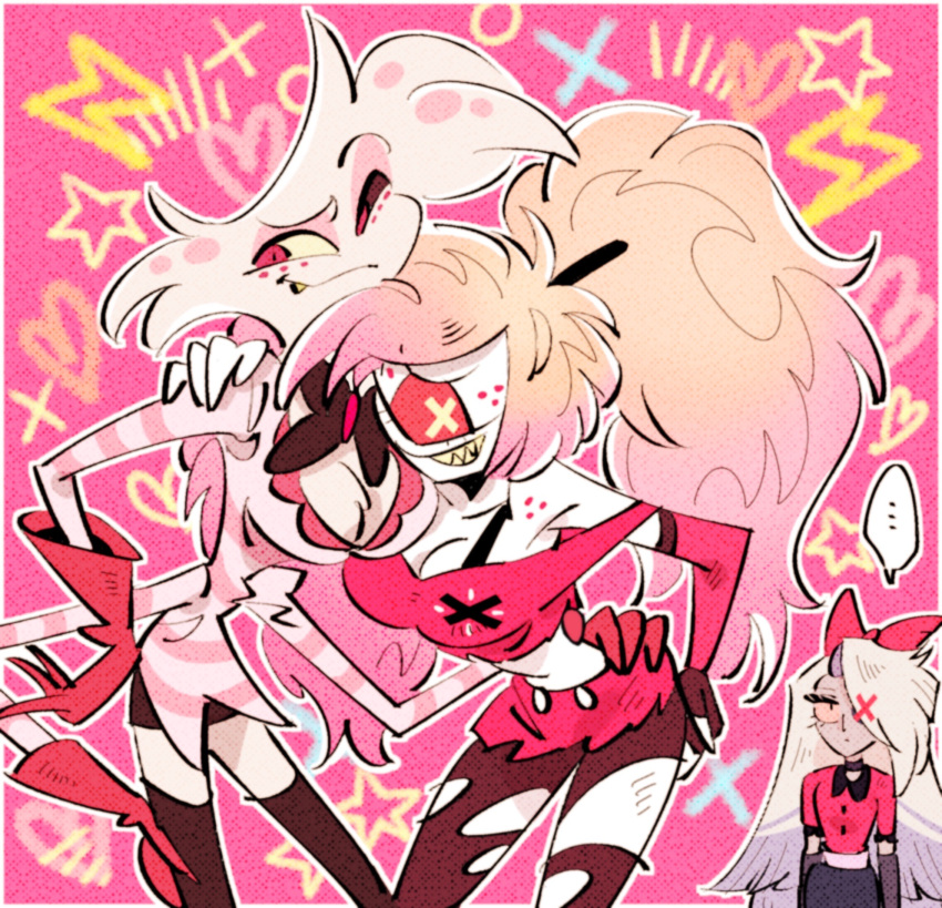 1boy, 2girls, angel_dust, cherri_bomb, cyclops, demon_boy, demon_girl, extra_arms