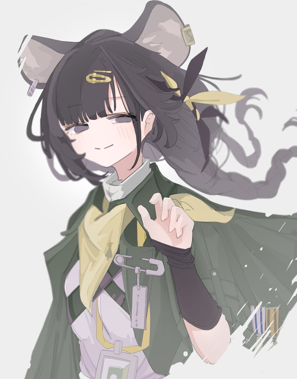 1girl, animal_ears, arknights, bandana, black_hair, closed_mouth, ear_piercing, grey_background