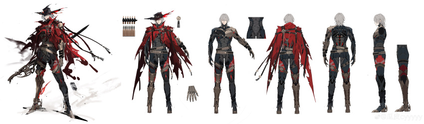 1boy, absurdres, ammunition_belt, black_bodysuit, black_hat, bodysuit, bullet, cape
