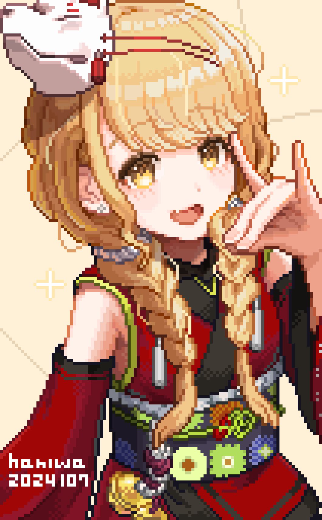 1girl, bare_shoulders, bell, black_sash, black_trim, blonde_hair, blush, braid