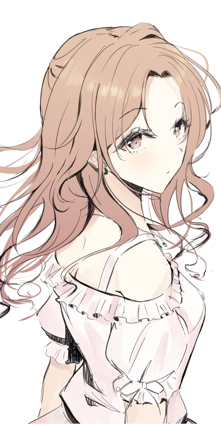 1girl, absurdres, bare_shoulders, blush, brown_eyes, brown_hair, closed_mouth, earrings