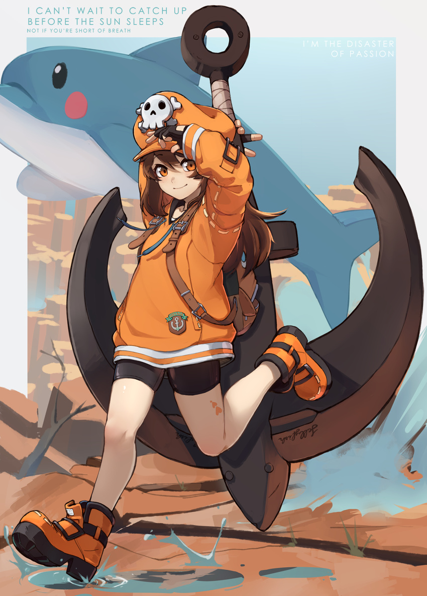 1girl, anchor, bike_shorts, black_shorts, commentary, dolphin, english_commentary, english_text, guilty_gear, guilty_gear_strive, hat, highres, hood, hoodie, k-rha's, long_sleeves, may_(guilty_gear), mr._dolphin_(guilty_gear), orange_footwear, orange_hat, orange_hoodie, orange_shirt, running, shirt, shorts, skull_and_crossbones, solo