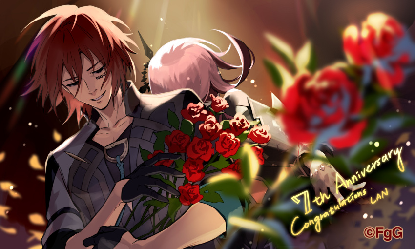 1boy, 1girl, anniversary, artist_name, barcode, barcode_tattoo, black_eyes, black_gloves