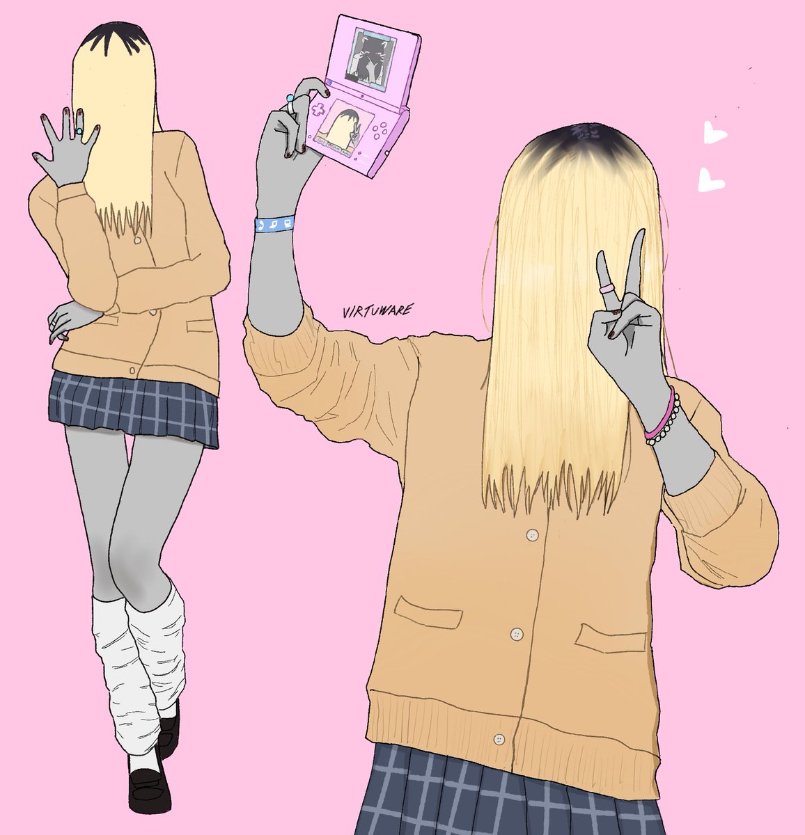1girl, artist_name, bleached_hair, blonde_hair, bracelet, brown_cardigan, cardigan, gyaru