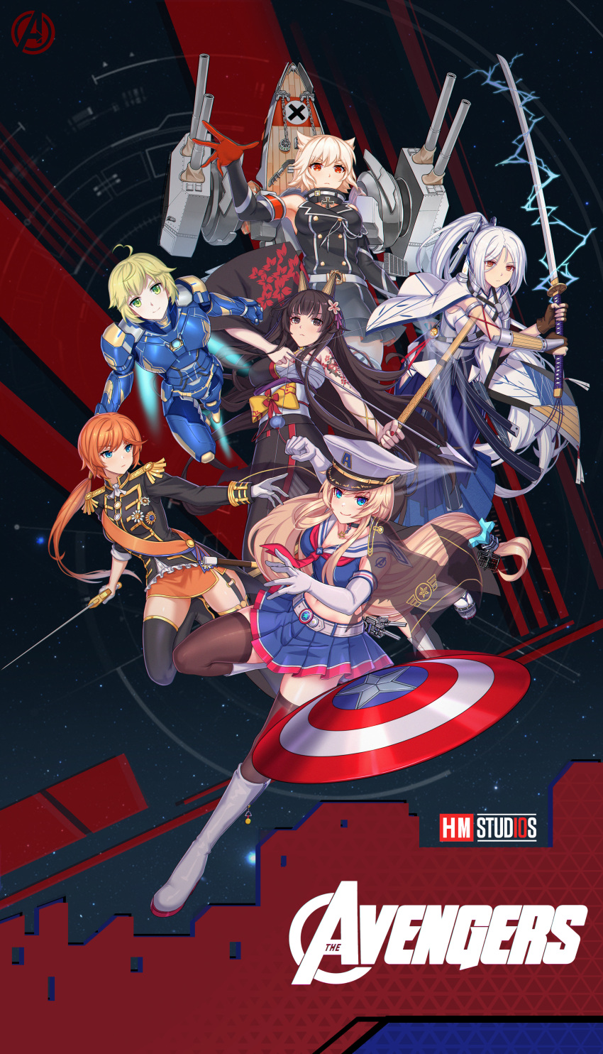 5girls, absurdres, ahoge, aiguillette, akagi_(warship_girls_r), alternate_costume, armor, bismarck_(warship_girls_r), black_gloves, black_hair, blonde_hair, blue_eyes, blue_skirt, boots, bow_(weapon), braid, breasts, brown_hair, chichengde_haotidu_afusang, dress, english_text, enterprise_(warship_girls_r), epaulettes, fingerless_gloves, flag, gloves, green_eyes, hair_ornament, hat, highres, holding, holding_sword, holding_weapon, jacket, kaga_(warship_girls_r), long_hair, long_sleeves, looking_at_viewer, machinery, mecha_musume, medium_breasts, midriff, military, military_uniform, miniskirt, multiple_girls, nelson_(warship_girls_r), orange_hair, panties, pleated_skirt, ponytail, red_eyes, rigging, sailor_collar, shirt, short_hair, shoulder_armor, skirt, smile, standing, superhero_costume, sword, thigh-highs, turret, twintails, underwear, very_long_hair, warship_girls_r, weapon, white_footwear, white_gloves, white_hair, zettai_ryouiki