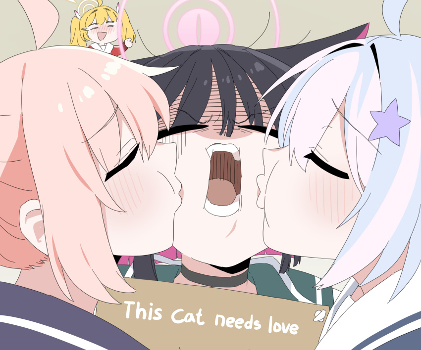 4girls, absurdres, ahoge, animal_ears, b.t._(boob_tong), black_choker, black_hair, blonde_hair
