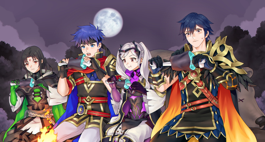 1girl, 3boys, absurdres, armor, bear, black_hair, blue_eyes, blue_hair, boned_meat, cape, chrom_(fire_emblem), chrom_(resplendent)_(fire_emblem), eating, facial_mark, fingerless_gloves, fire_emblem, fire_emblem:_path_of_radiance, fire_emblem_awakening, food, forehead_mark, full_moon, gloves, highres, holding, holding_food, hood, hood_down, igni_tion, ike_(fire_emblem), ike_(resplendent)_(fire_emblem), long_hair, meat, moon, multiple_boys, night, night_sky, official_alternate_costume, open_mouth, outdoors, pauldrons, red_eyes, robin_(female)_(fire_emblem), robin_(female)_(resplendent)_(fire_emblem), robin_(fire_emblem), short_hair, shoulder_armor, single_pauldron, sitting, sky, soren_(fire_emblem), soren_(resplendent)_(fire_emblem), twintails, two-sided_cape, two-sided_fabric, white_hair