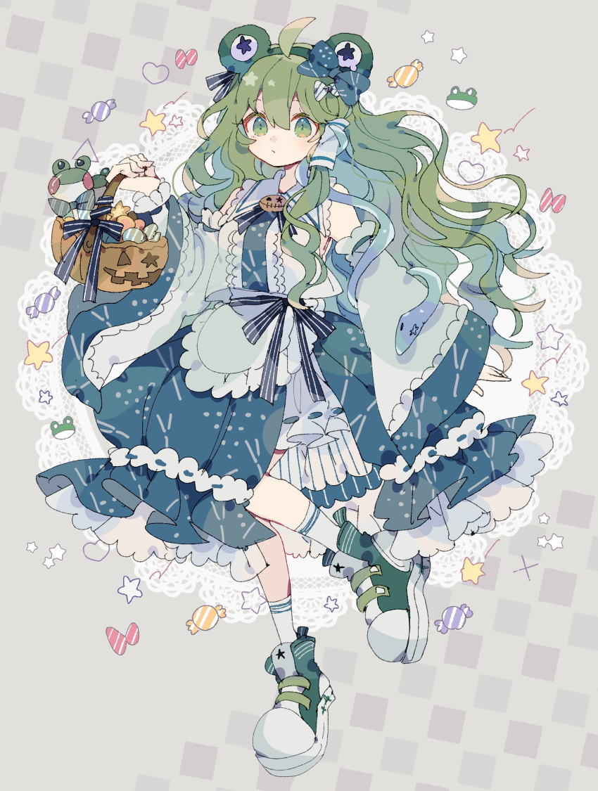 1girl, absurdres, adapted_costume, ahoge, animal_hairband, apron, basket, black_ribbon