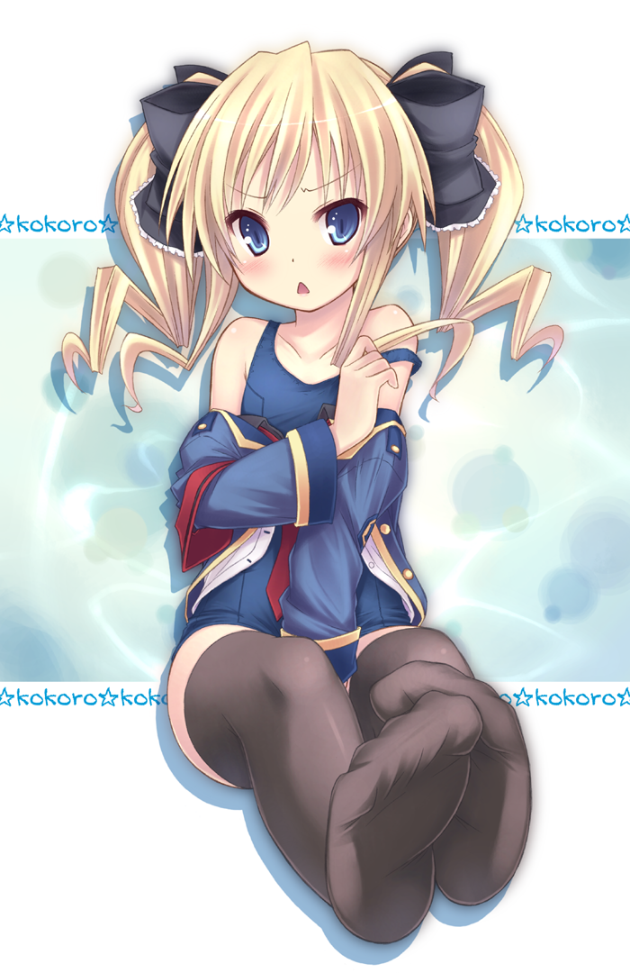 akechi_kokoro, annoyed, bare_shoulders, between_legs, between_thighs, black_legwear, black_thighhighs, blonde_hair