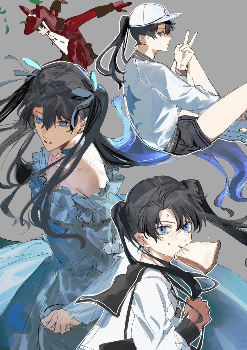 1boy, animal_costume, black_hair, black_sailor_collar, blue_dress, blue_eyes, bread, bread_slice, choker, crossdressing, dress, eating, fate/grand_order, fate_(series), food, food_in_mouth, fujimaru_ritsuka_(male), fujimaru_ritsuka_wa_wakaranai, grey_background, hair_ribbon, highres, jacket, jumping, late_for_school, letterman_jacket, long_hair, long_sleeves, looking_at_viewer, mouth_hold, official_alternate_costume, parted_bangs, ponytail, ribbon, sailor_collar, sasakitogd, school_uniform, serafuku, short_shorts, shorts, simple_background, sitting, sweat, toast, toast_in_mouth, twintails, two_side_up, unfinished, v, white_jacket, white_serafuku