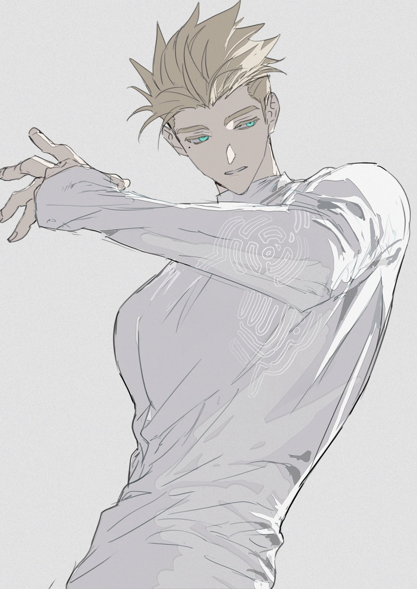 1boy, arm_up, blonde_hair, blue_eyes, citronplanet, commentary_request, hair_slicked_back, highres