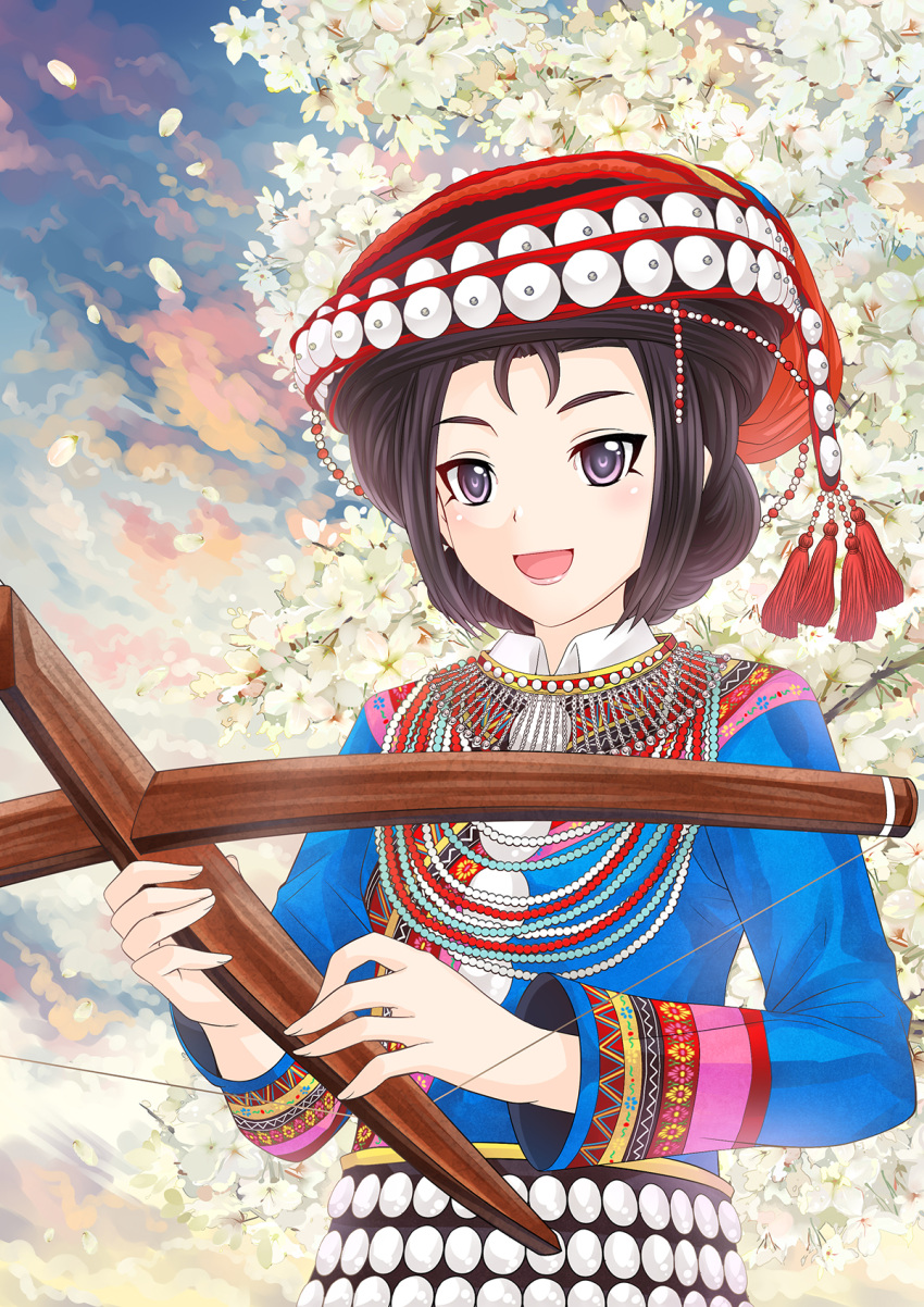 1girl, bead_necklace, beads, black_hair, blue_shirt, cherry_blossoms, china_comic, clouds