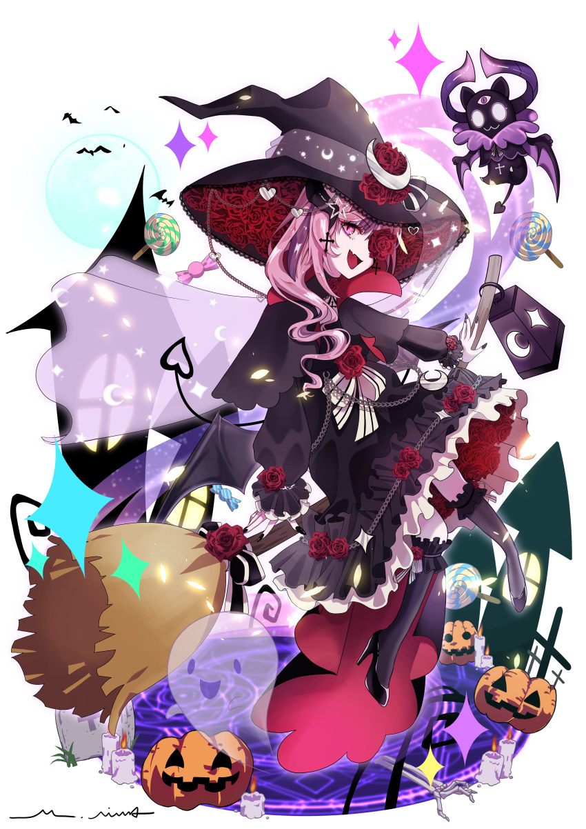 1girl, absurdres, black_dress, black_footwear, black_hair, black_hat, black_nails, broom