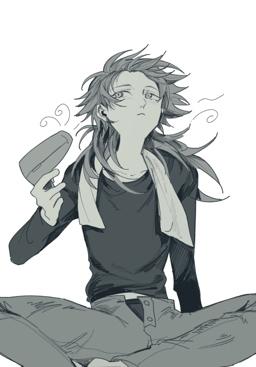 1boy, :<, arm_support, arm_up, closed_mouth, commentary_request, dramatical_murder, drying, drying_hair, feet_out_of_frame, greyscale, hair_dryer, highres, holding, holding_hair_dryer, indian_style, long_hair, long_sleeves, looking_to_the_side, male_focus, male_underwear, male_underwear_peek, midriff_peek, monochrome, open_pants, pants, qincaihefan, seragaki_aoba, shirt, simple_background, sitting, solo, towel, towel_around_neck, underwear, white_background