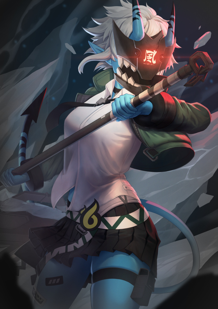 1girl, black_skirt, blue_skin, colored_skin, cowboy_shot, green_jacket, highres, holding