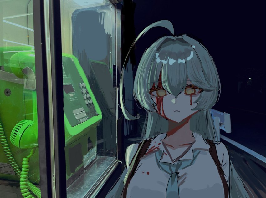 1girl, antenna_hair, aqua_hair, aqua_necktie, blood, blood_from_eyes, blood_on_clothes, blood_on_face