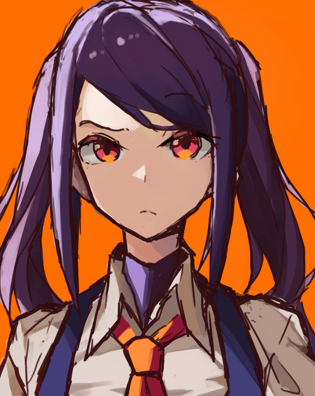 1girl, black_vest, closed_mouth, cowboy_shot, frown, highres, jill_stingray, long_hair