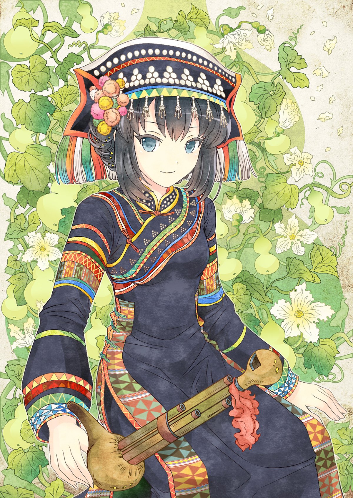 1girl, black_dress, black_hair, black_pants, blue_eyes, button_knot, china_comic, chinese_clothes, chinese_knot, cowboy_shot, dress, food, fruit, hat, highres, instrument_request, lahu_clothes, leaf, looking_at_viewer, multicolored_clothes, multicolored_dress, original, pankou, pants, pear, pom_pom_(clothes), side_slit, sitting, smile, solo