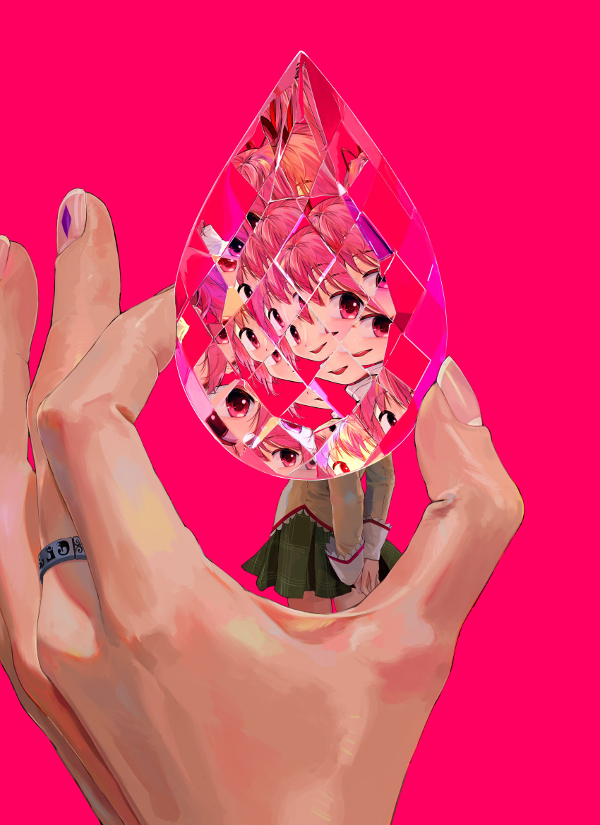 2girls, absurdres, akemi_homura, arms_behind_back, black_skirt, commentary_request, covering_face, diamond_(gemstone)