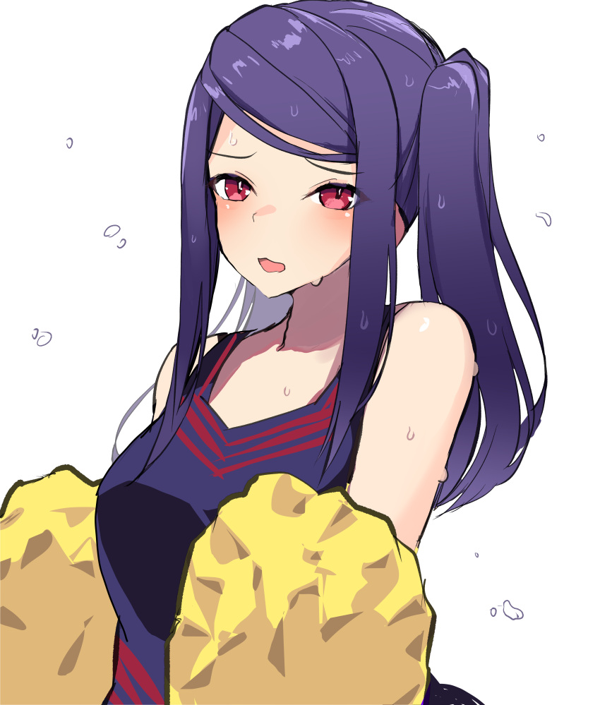 1girl, absurdres, black_shirt, bllustration, cheerleader, commentary_request, flustered, flying_sweatdrops