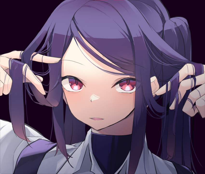 1girl, absurdres, black_background, black_undershirt, black_vest, collared_shirt, highres, holding