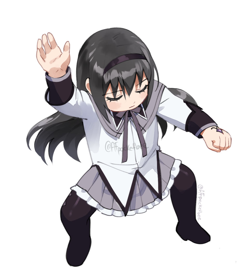 1girl, akemi_homura, akemi_homura_(magical_girl), argyle_clothes, argyle_legwear, arm_up, black_hair, black_headband