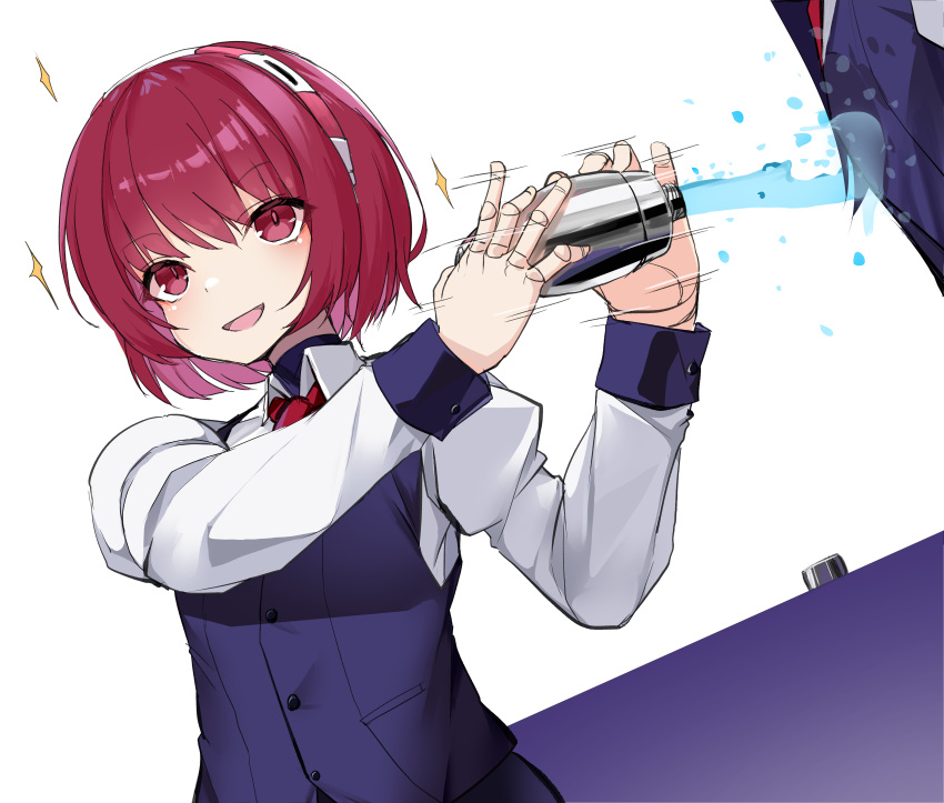 1girl, absurdres, black_undershirt, black_vest, bob_cut, cocktail_shaker, collared_shirt, dorothy_haze