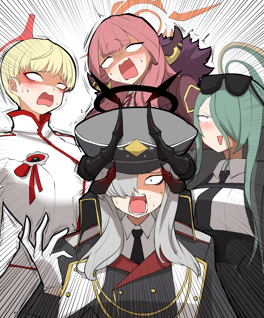 4girls, :/, absurdres, aiguillette, aru_(blue_archive), asymmetrical_bangs, badge, black_halo