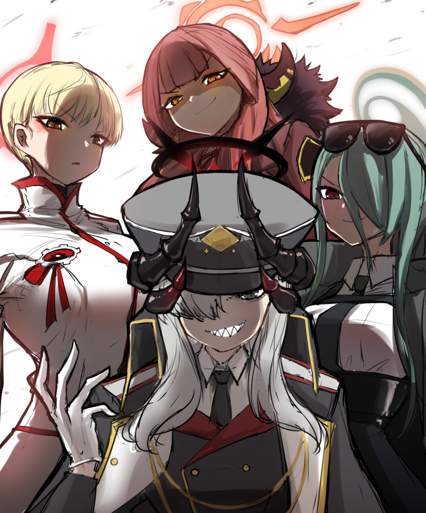 4girls, :/, absurdres, aiguillette, aru_(blue_archive), asymmetrical_bangs, badge, black_halo