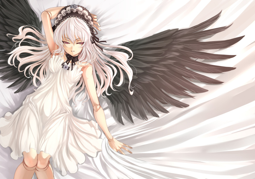 black_wings, doll_joints, hairband, headdress, long_hair, lying, red_eyes, rozen_maiden