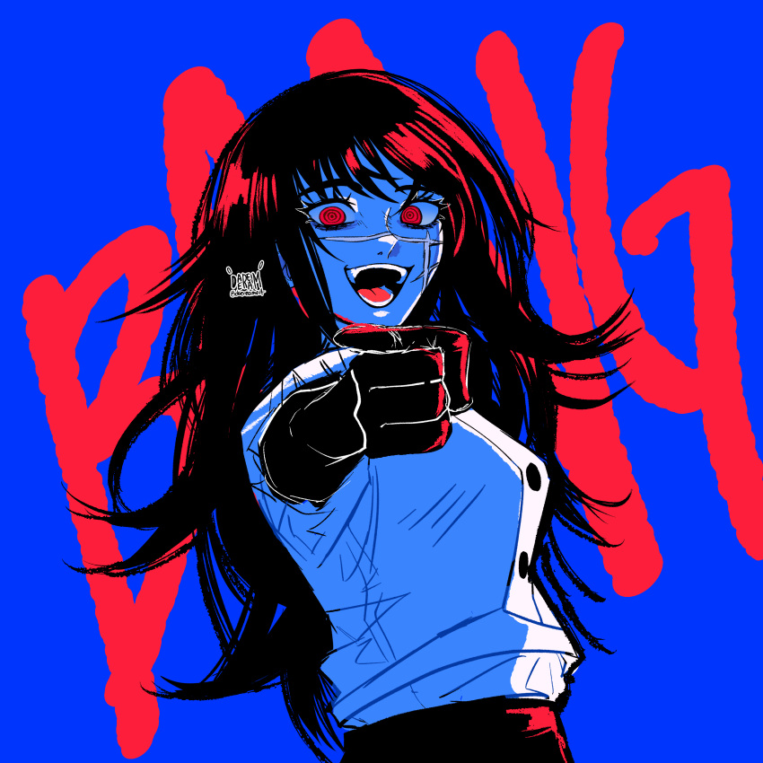1girl, :d, absurdres, black_hair, black_pants, chainsaw_man, daeream, highres