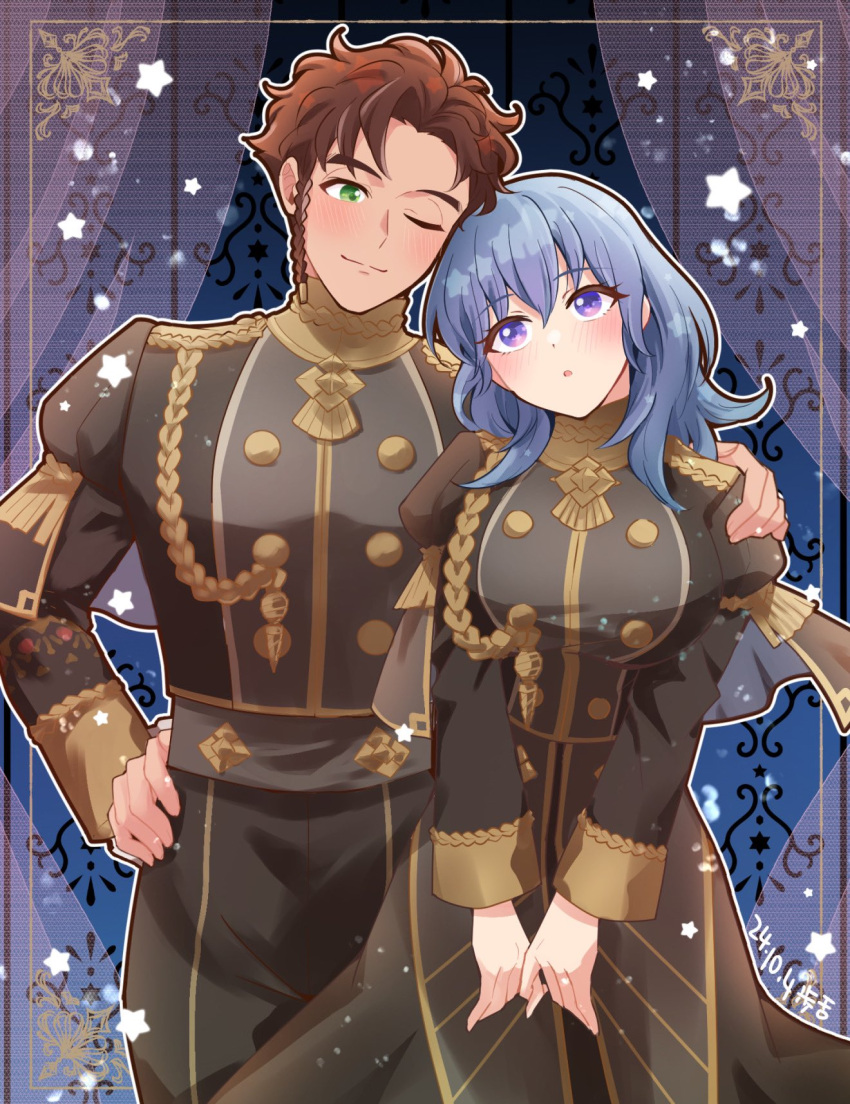 1boy, 1girl, alukubero, breasts, brown_hair, byleth_(female)_(fire_emblem), byleth_(fire_emblem), claude_von_riegan