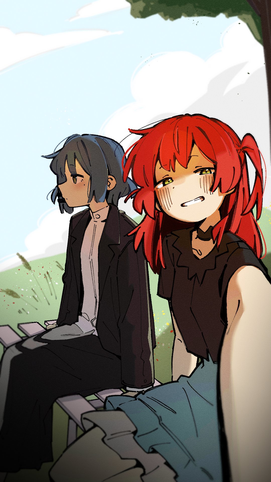 2girls, bench, black_jacket, black_shirt, blue_hair, bocchi_the_rock!, clouds, cloudy_sky