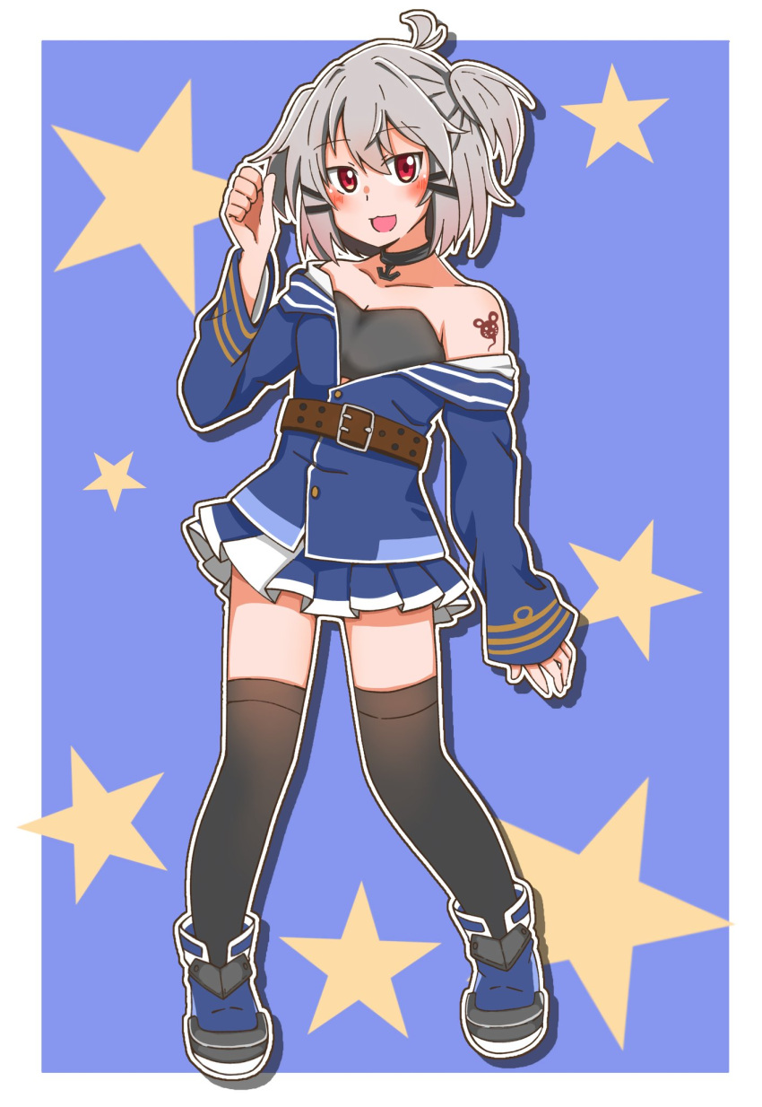 1girl, bare_shoulders, belt, black_thighhighs, blush, boots, choker, full_body