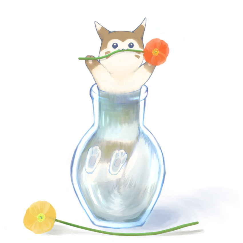 :3, animal_focus, arms_up, black_eyes, closed_mouth, commentary_request, facial_mark, feet_against_glass, flower, full_body, furret, glass, happy, highres, in_container, in_vase, kabin_(kabin_ichirin), looking_at_viewer, mouth_hold, no_humans, outstretched_arms, pawpads, pokemon, pokemon_(creature), red_flower, simple_background, smile, solo, vase, whisker_markings, white_background, yellow_flower