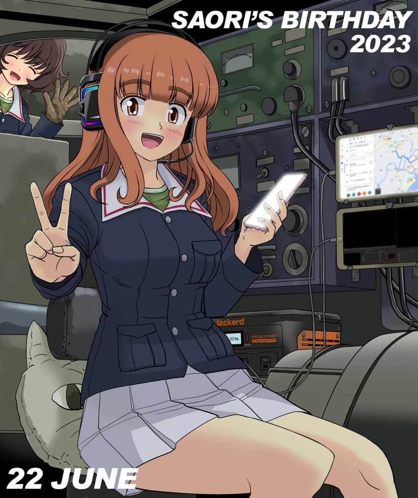 2girls, akiyama_yukari, bare_legs, birthday, blue_jacket, blunt_bangs, brown_gloves, brown_hair