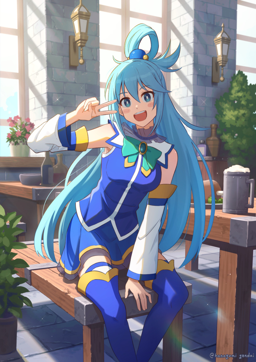 1girl, aqua_(konosuba), aqua_bow, aqua_bowtie, artist_name, bare_shoulders, beer_mug, blue_eyes