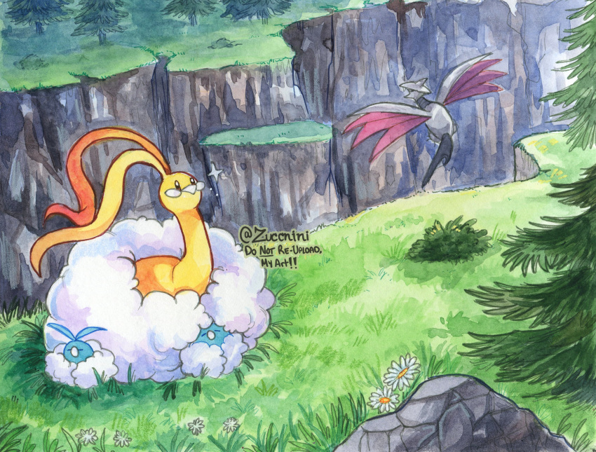 altaria, alternate_color, animal_focus, artist_name, bird, brown_eyes, bush, commentary