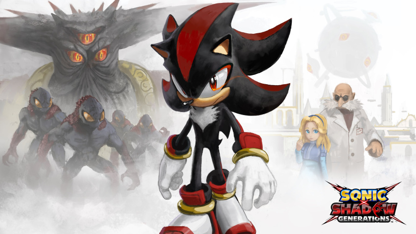 1girl, absurdres, alien, bald, black_arms_(sonic), black_doom, blonde_hair, blue_eyes, copyright_name, extra_eyes, facial_hair, furry, furry_male, gerald_robotnik, gloves, glowing, glowing_eye, grandfather_and_granddaughter, highres, horns, lab_coat, looking_at_viewer, maria_robotnik, mustache, official_art, orange_eyes, rythayze, shadow_the_hedgehog, sonic_(series), sonic_generations, sonic_x_shadow_generations, standing, white_fur, white_gloves