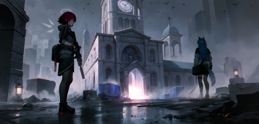 2girls, 95_(jiuwujiang), animal_ears, architecture, arknights, bird, black_footwear, black_pantyhose, blue_hair, building, church, clock, clock_tower, clouds, cloudy_sky, commentary_request, cross, detached_wings, energy_wings, exusiai_(arknights), fingerless_gloves, fog, gloves, grey_sky, gun, halo, highres, holding, holding_gun, holding_sword, holding_weapon, hood, hood_down, hooded_jacket, jacket, lantern, latin_cross, multiple_girls, outdoors, pantyhose, redhead, rifle, rubble, shipping_container, short_hair, sky, skyscraper, standing, sword, tail, texas_(arknights), thigh_strap, tower, weapon, wings, wolf_ears, wolf_girl, wolf_tail
