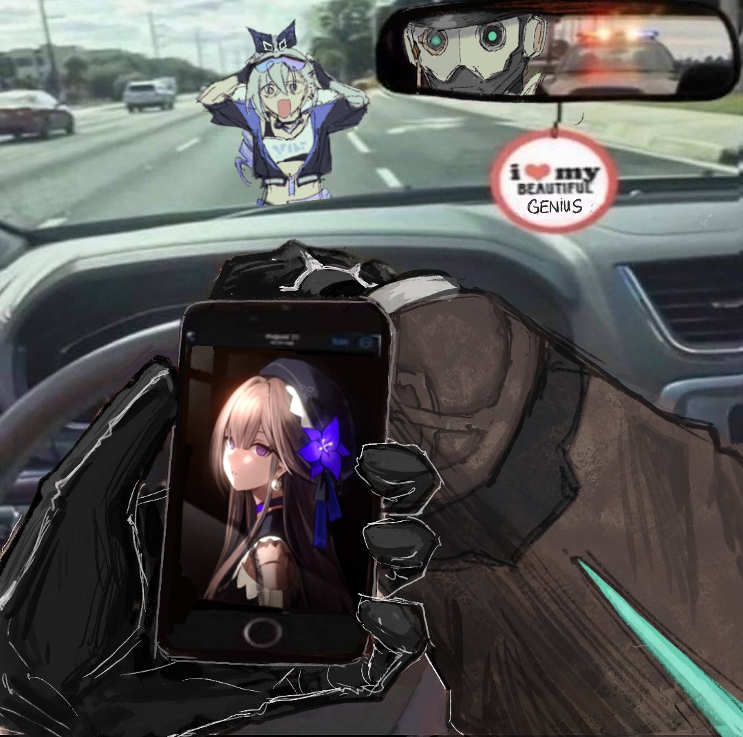 1boy, 2girls, android, black_gloves, black_jacket, car, car_interior, commentary, crop_top, english_commentary, english_text, eyewear_on_head, fingerless_gloves, gloves, grey_hair, hands_on_own_head, hands_up, herta_(honkai:_star_rail), highway, honkai:_star_rail, honkai_(series), i_heart..., jacket, long_sleeves, meme, motor_vehicle, multiple_girls, open_mouth, police_car, ponytail, pov, pov_hands, raiholic, screwllum_(honkai:_star_rail), shirt, shocked_black_guy_(meme), silver_wolf_(honkai:_star_rail), steering_wheel, sunglasses, white_shirt