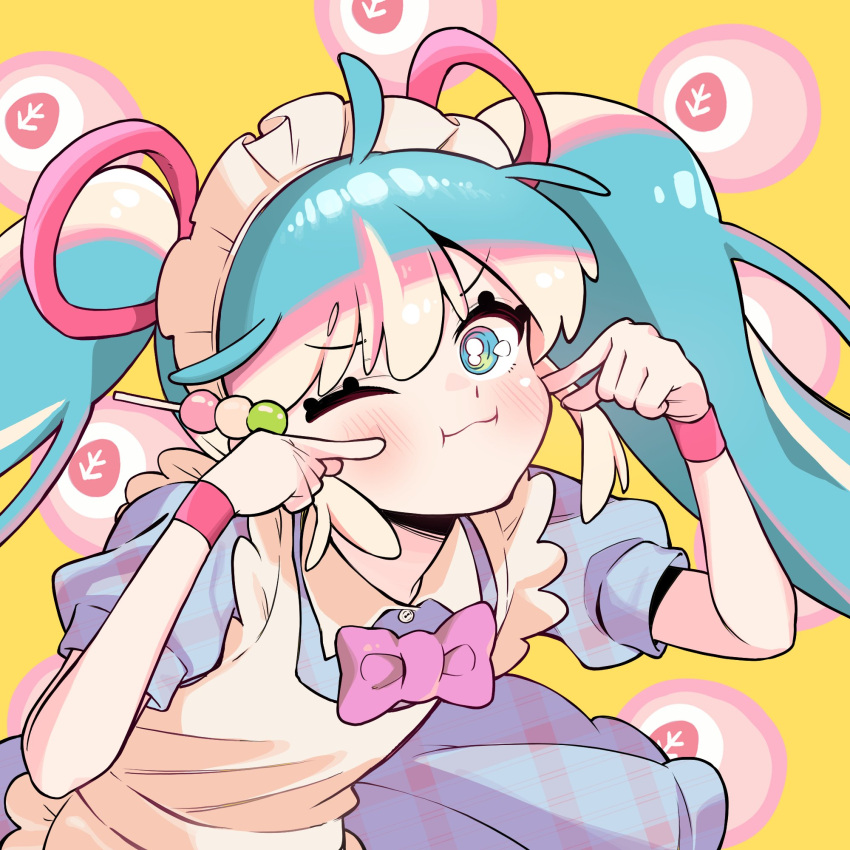 1girl, :3, apron, blue_dress, blue_eyes, blue_hair, closed_mouth, daifuku