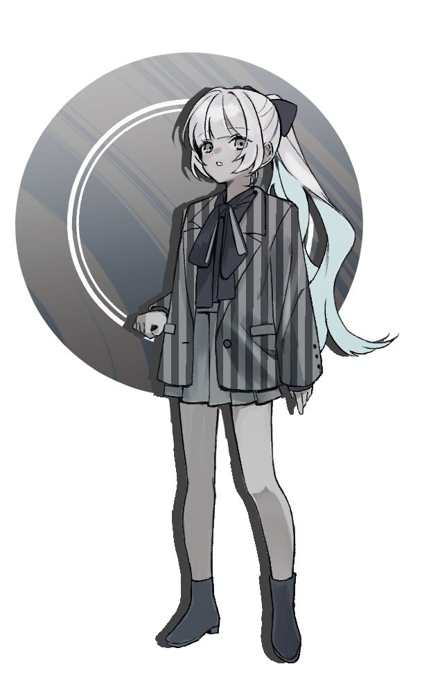 1girl, black_bow, black_bowtie, black_footwear, boots, bow, bowtie, charon_(project_moon), colored_skin, cosplay, grey_eyes, grey_skin, grey_skirt, hair_bow, hiperika, jacket, limbus_company, long_hair, looking_at_viewer, parted_bangs, pleated_skirt, ponytail, project_moon, simple_background, skirt, solo, striped_clothes, striped_jacket, unmoving_pattern, vergilius_(project_moon), vergilius_(project_moon)_(cosplay), vertical-striped_clothes, vertical-striped_jacket, white_background, white_hair