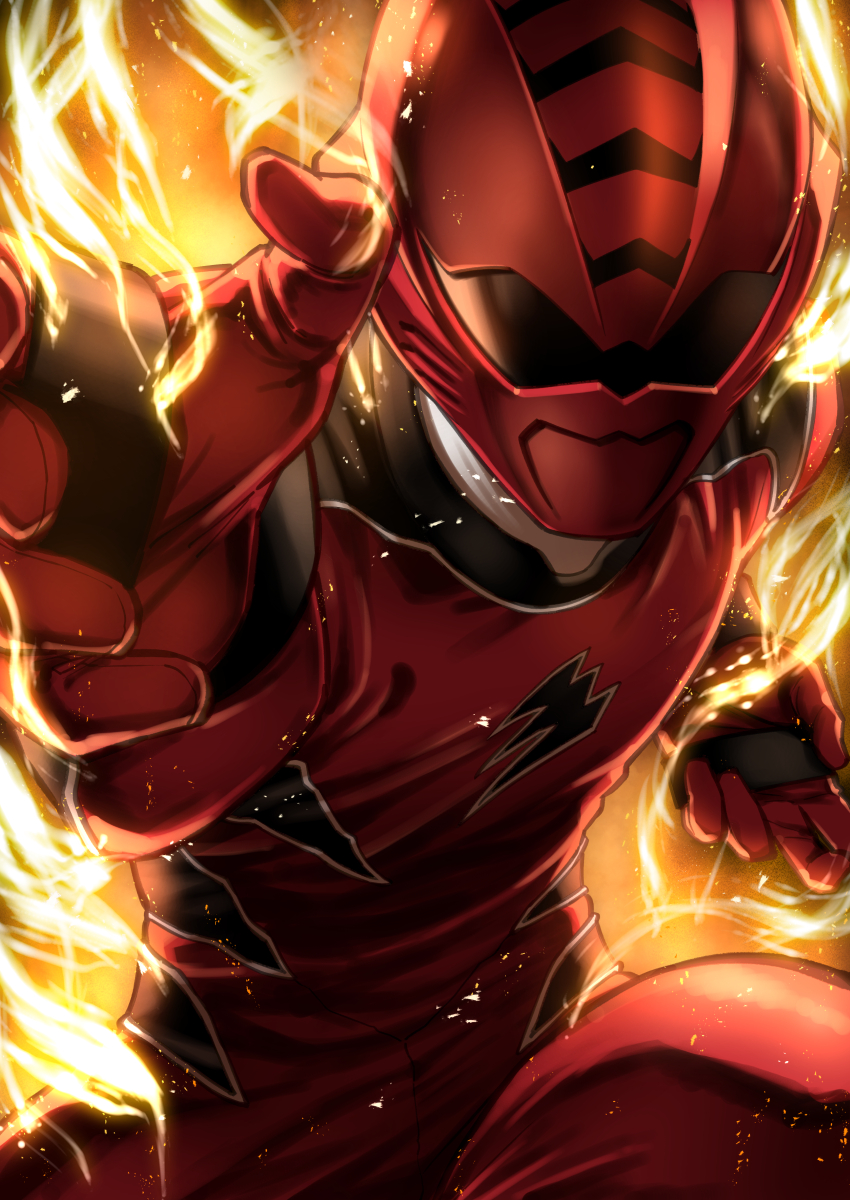 1boy, assault_visor, aura, bodysuit, cowboy_shot, fighting_stance, geki_red, helmet