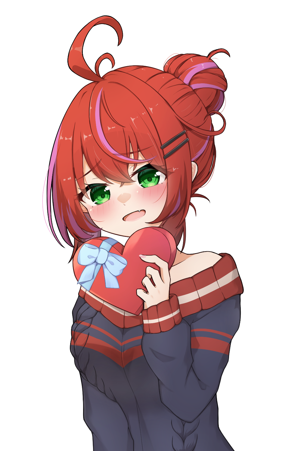1girl, ahoge, akane_canna, alternate_costume, alternate_hairstyle, blush, breasts, casual