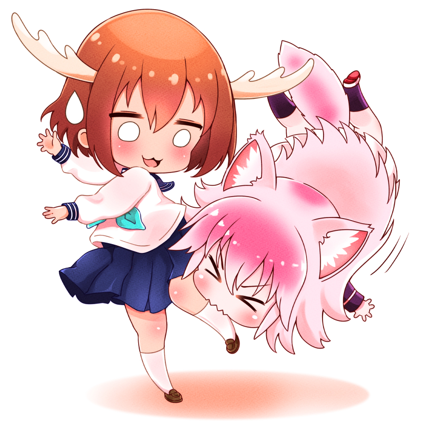 >_<, 2girls, :3, animal_ears, antlers, aqua_neckerchief, biting, blue_sailor_collar, blue_skirt, brown_hair, chibi, chibi_only, crossover, deer_antlers, deer_girl, horns, multiple_girls, murenase!_shiiton_gakuen, neckerchief, okami_ranka, open_mouth, pink_hair, pink_tail, sailor_collar, school_uniform, serafuku, shikanoko_noko, shikanoko_nokonoko_koshitantan, skirt, socks, sweatdrop, tail, white_socks, wolf_ears, wolf_girl, wolf_tail, yon_senpai