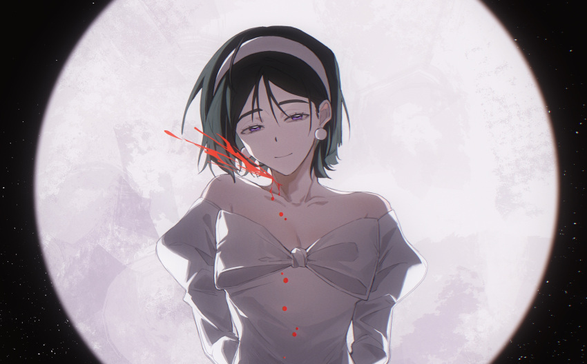 1girl, absurdres, alien_stage, arms_behind_back, bare_shoulders, black_hair, blood, blood_from_neck