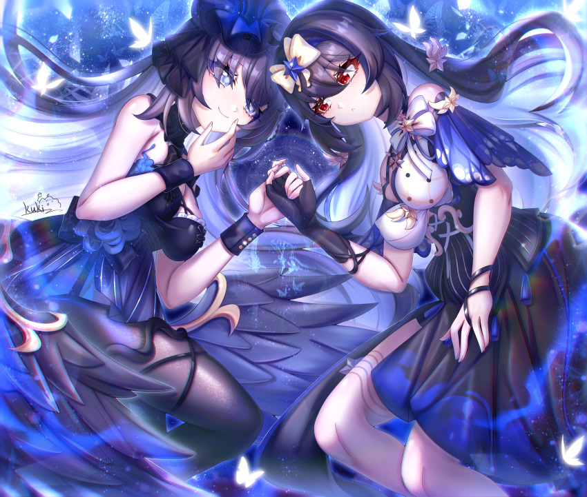 2girls, absurdres, bare_shoulders, black_dress, black_hair, black_pantyhose, blue_eyes, blue_flower