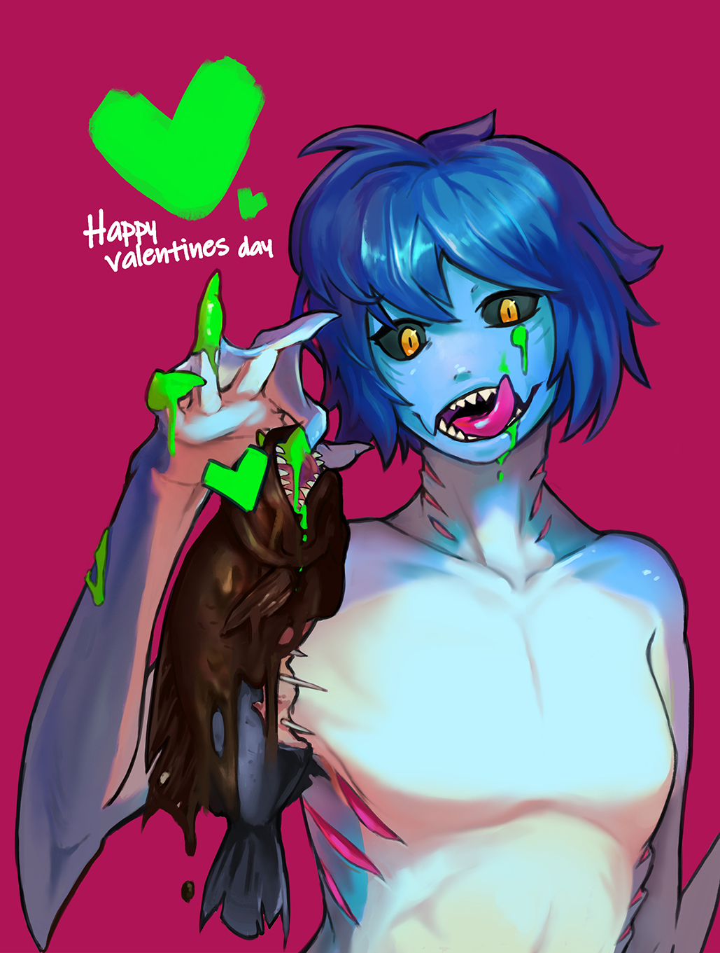 1girl, animal, black_sclera, blue_hair, blue_skin, colored_sclera, colored_skin, fangs