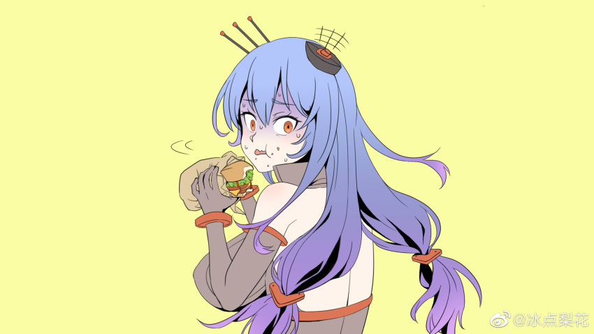1girl, bingdian_lihua, blue_hair, burger, dress, eating, food, gloves